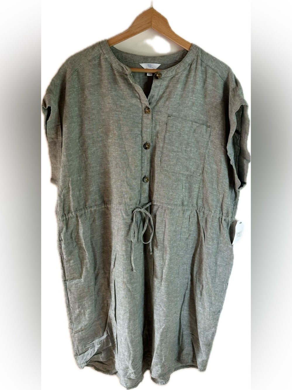 Casual Olive Green Button-Front Drawstring Women's Dress